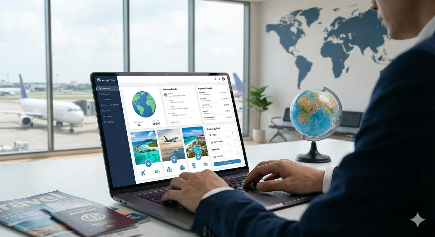 A person using travel management software at a desk